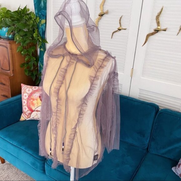 POL | Festival 3/4 Wide Sleeve Sheer Mesh Top Ruffle Hood Tassel Lavender Small - Picture 8 of 15